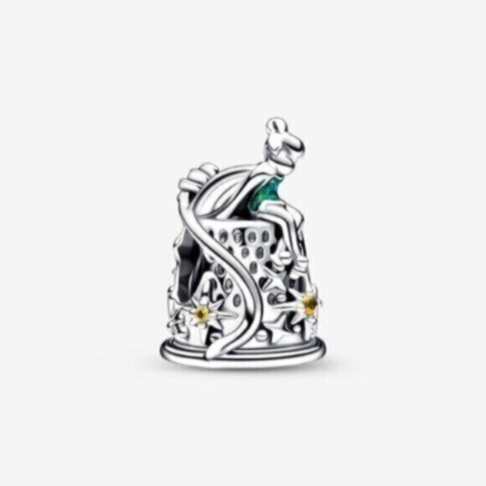 Pandora Silver Charm with Green Accent and Gold Flowers